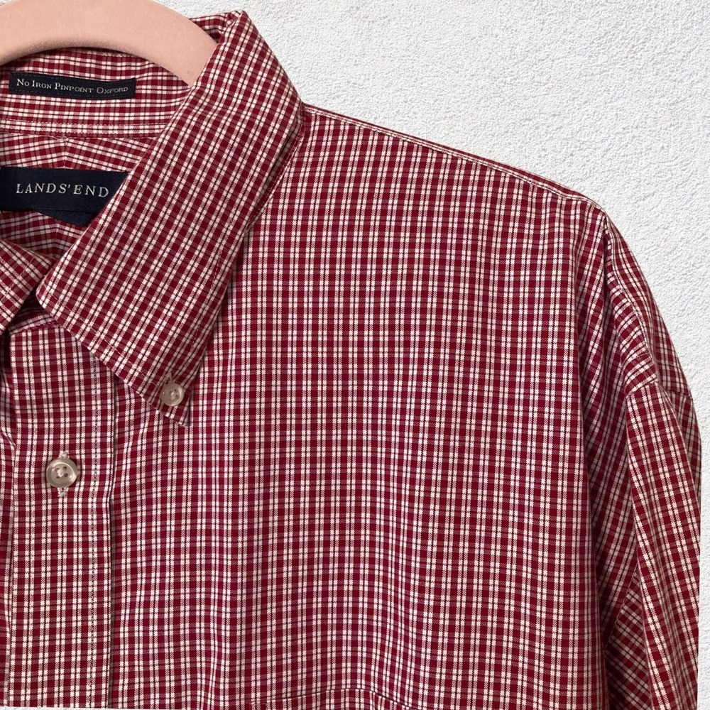 Lands End Button Down Pinpoint Oxford Men‎ XL Red Check Holiday Long Sleeve